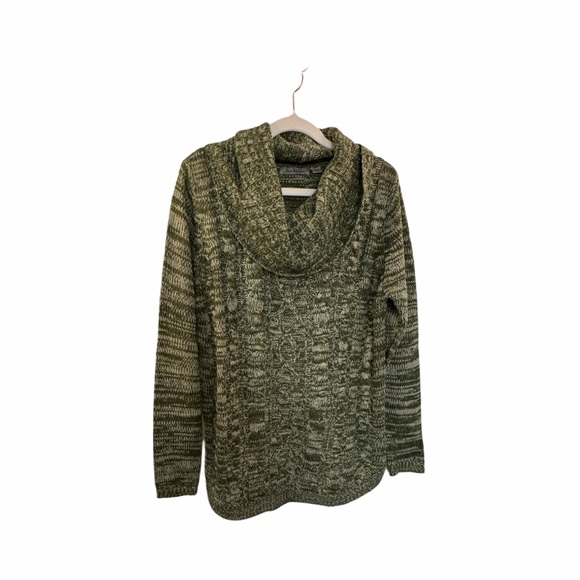 Jason Maxwell cowl neck cable knit sweater. Size large. Green and cream - Picture 1 of 8